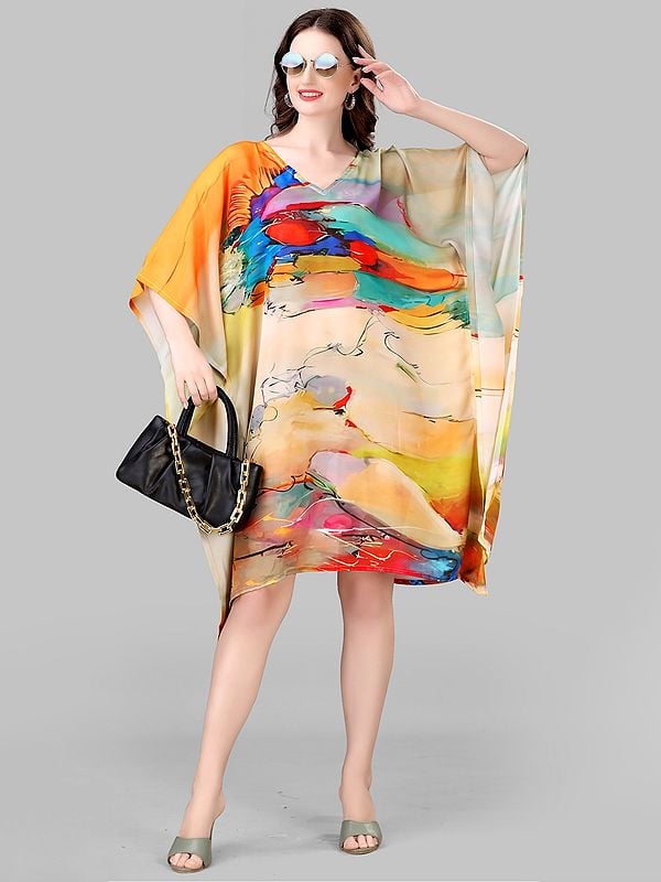 Exotic India Georgette Short Kaftan With Abstract Pattern Print