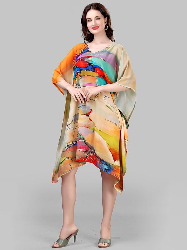 exotic india Georgette Short Kaftan with Abstract Pattern Print 