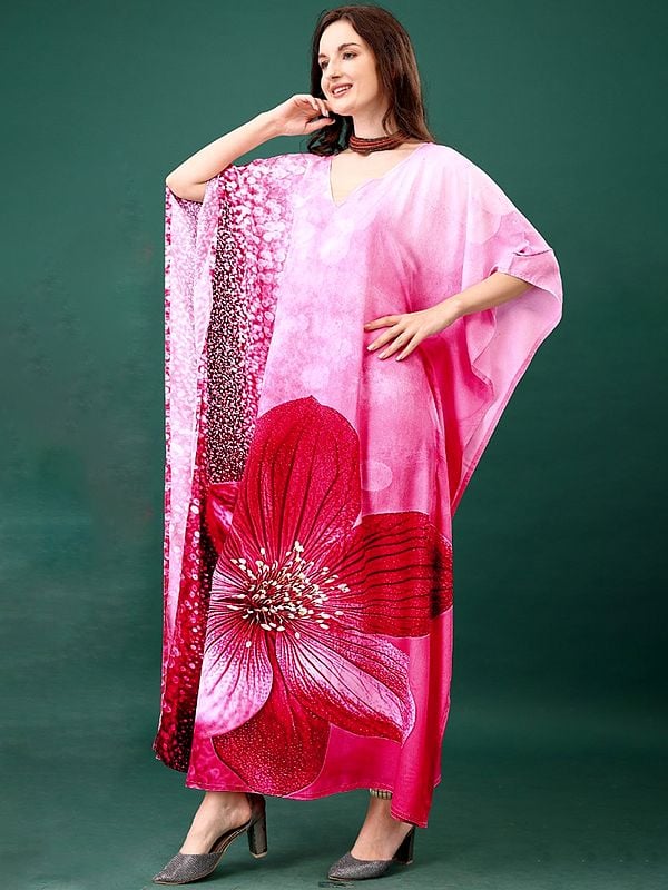 Exotic India Geranium-Pink Silk Long Kaftan With Printed Hibiscus Flower 
