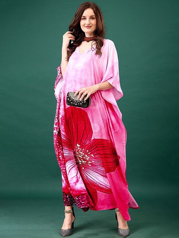 exotic india Geranium-Pink Silk Long Kaftan with Printed Hibiscus Flower 