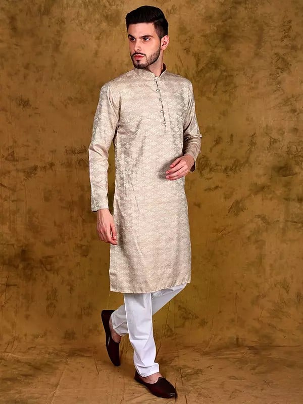 Exotic India Gilded-Beige Wedding Kurta Pajama Set With Woven Bootis 
