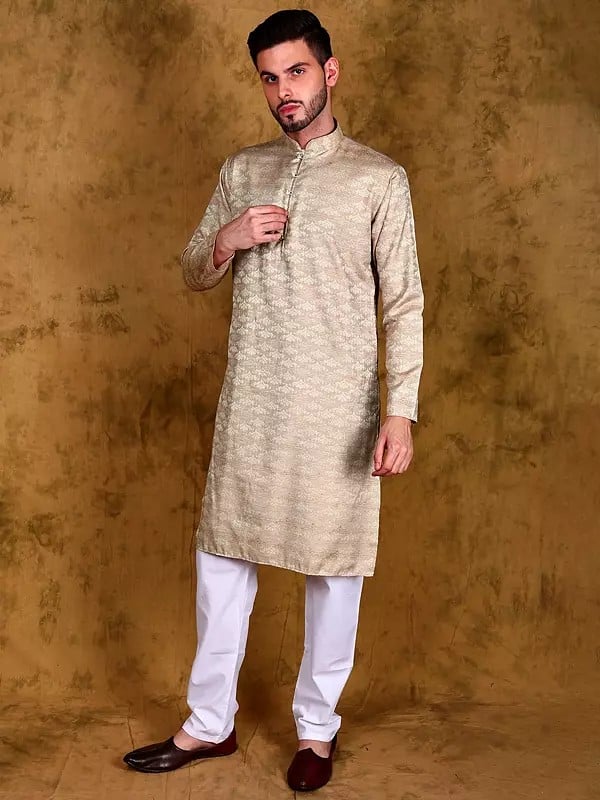Exotic India Gilded-Beige Wedding Kurta Pajama Set With Woven Bootis 