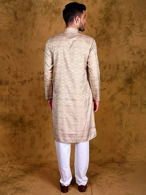 Exotic India Gilded-Beige Wedding Kurta Pajama Set With Woven Bootis 