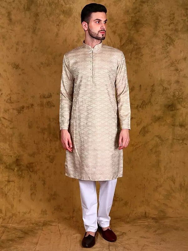 exotic india Gilded-Beige Wedding Kurta Pajama Set with Woven Bootis 