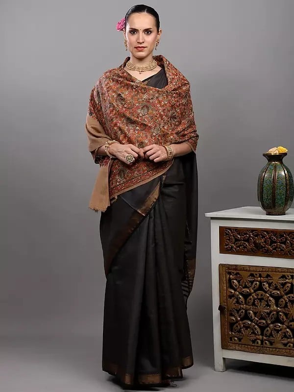 Exotic India Ginger-Root Wool Stole From Amritsar With Dense Floral Embroidery With Diamond Weave 