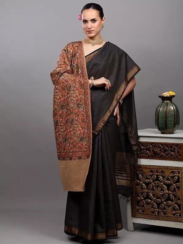 Exotic India Ginger-Root Wool Stole From Amritsar With Dense Floral Embroidery With Diamond Weave 