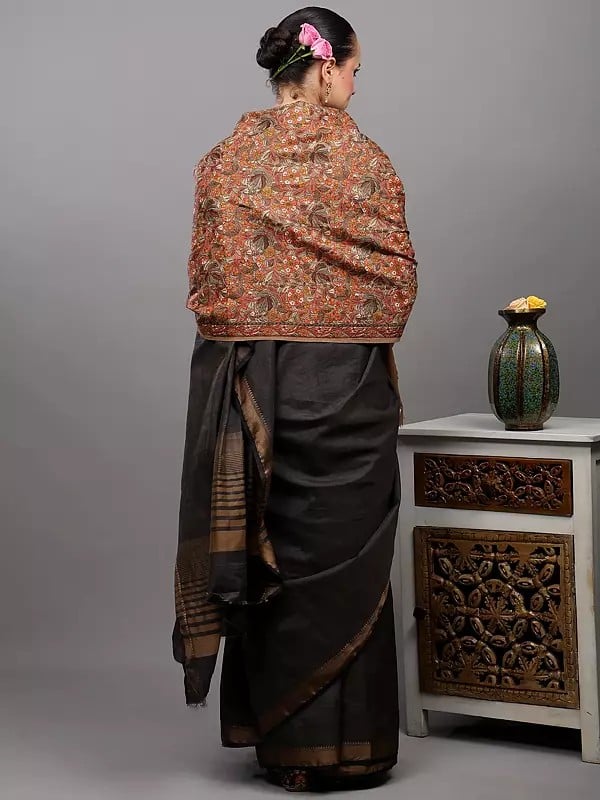 Exotic India Ginger-Root Wool Stole From Amritsar With Dense Floral Embroidery With Diamond Weave 
