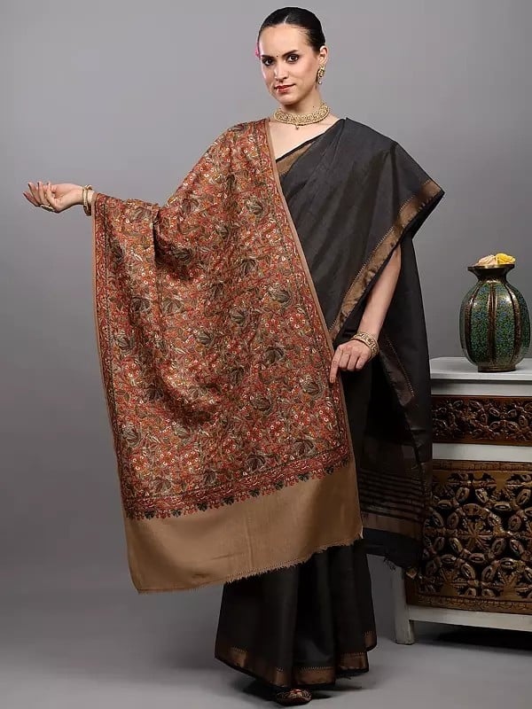 exotic india Ginger-Root Wool Stole from Amritsar with Dense Floral Embroidery with Diamond Weave 