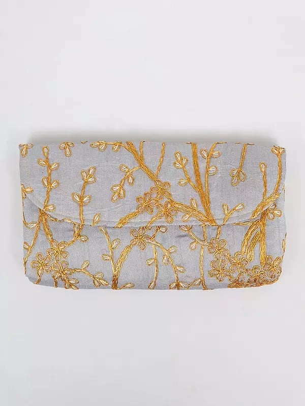 Exotic India Glacier-Gray Clutch Bag With Beaded Handle And Floral Golden Thread Work 