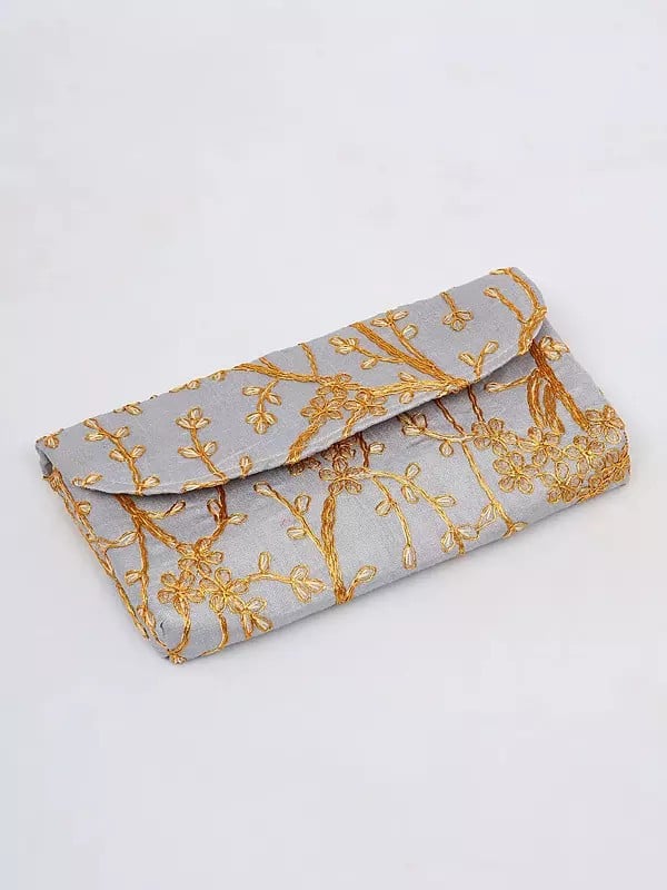 Exotic India Glacier-Gray Clutch Bag With Beaded Handle And Floral Golden Thread Work 