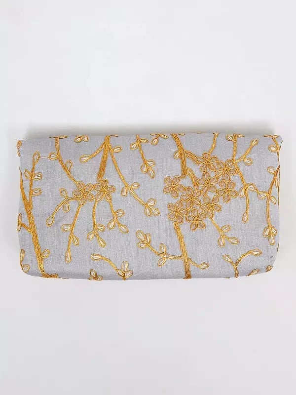 Exotic India Glacier-Gray Clutch Bag With Beaded Handle And Floral Golden Thread Work 