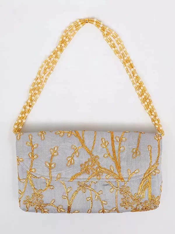 exotic india Glacier-Gray Clutch Bag with Beaded Handle and Floral Golden Thread work 