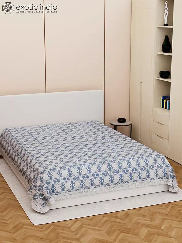Exotic India Glacier-Lake Pure Cotton Queen Size Bedspread With Aari Embroidered Flowers 