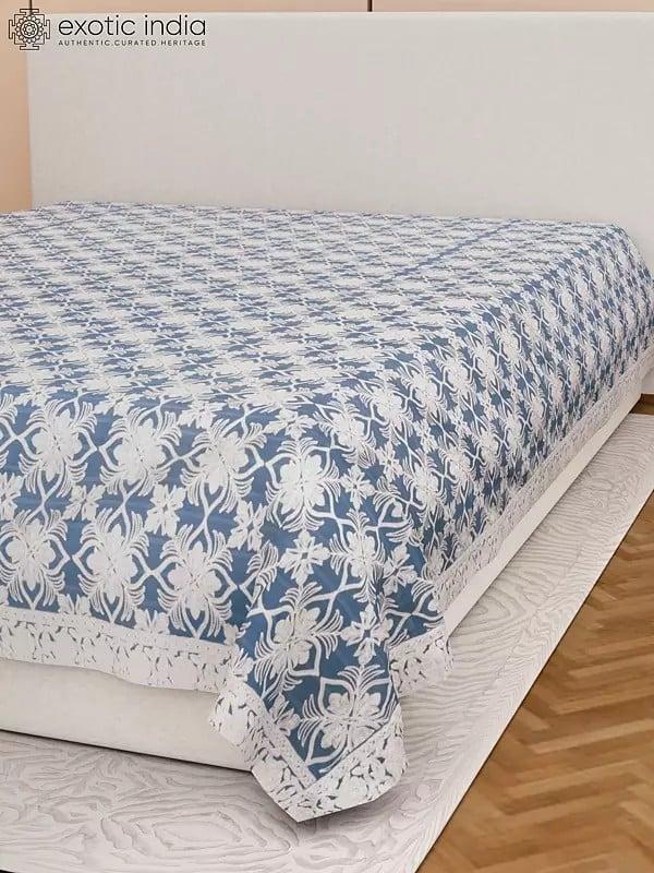 Exotic India Glacier-Lake Pure Cotton Queen Size Bedspread With Aari Embroidered Flowers 
