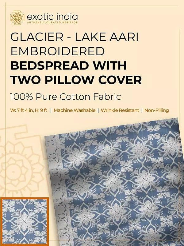 Exotic India Glacier-Lake Pure Cotton Queen Size Bedspread With Aari Embroidered Flowers 