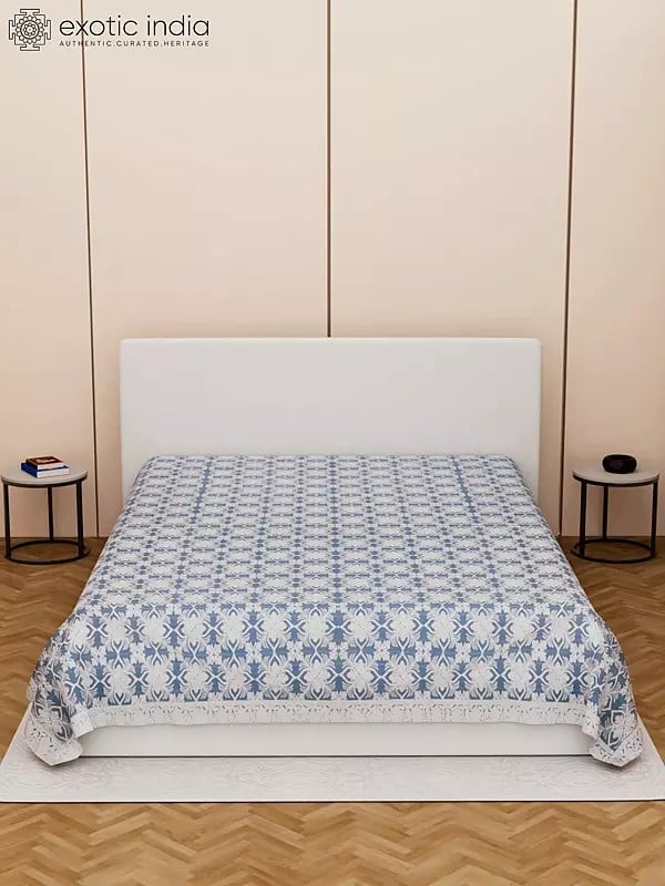 exotic india Glacier-Lake Pure Cotton Queen Size Bedspread with Aari Embroidered Flowers 