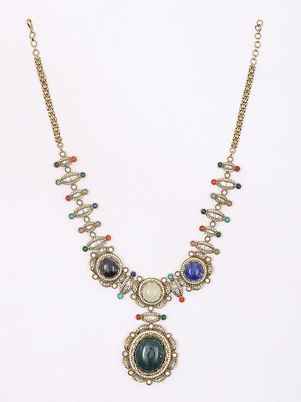 Exotic India Glass Stone Studded Long Necklace Set With Earrings 