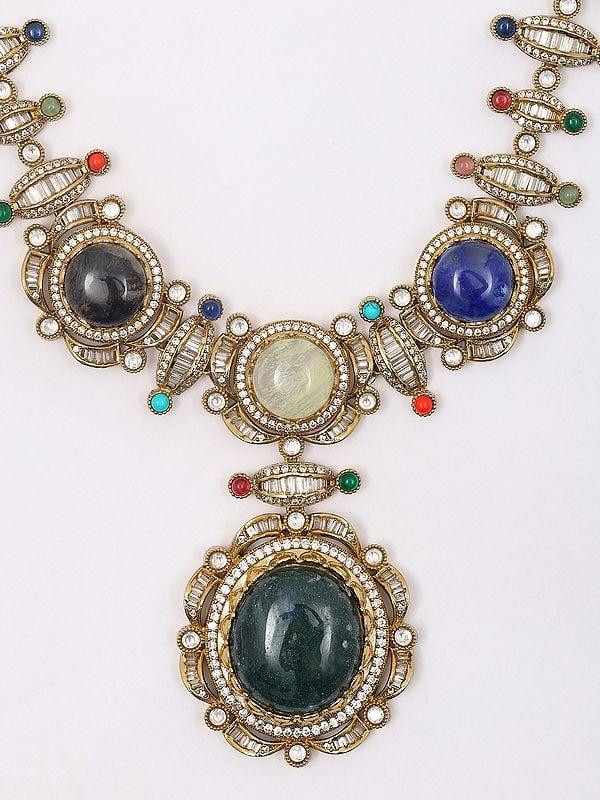 Exotic India Glass Stone Studded Long Necklace Set With Earrings 