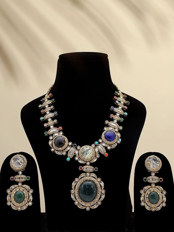 exotic india Glass Stone Studded Long Necklace Set with Earrings 