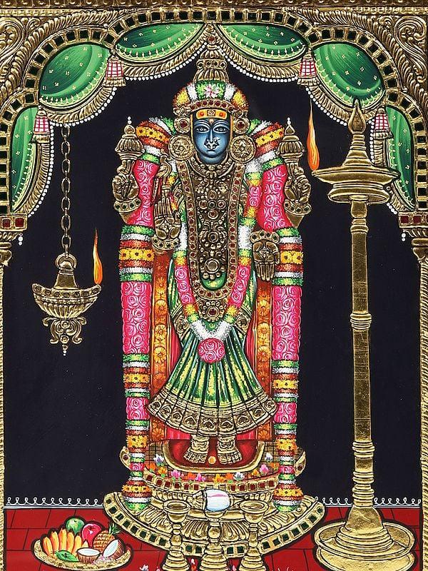 Exotic India Goddess Akilandeswari Tanjore Painting With Wood Frame 