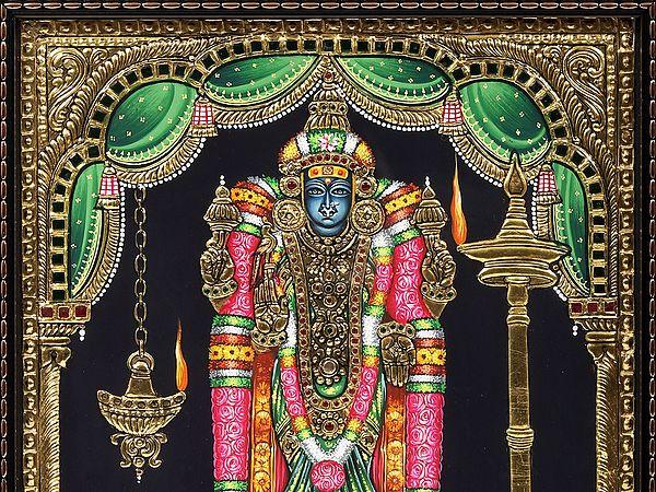 Exotic India Goddess Akilandeswari Tanjore Painting With Wood Frame 