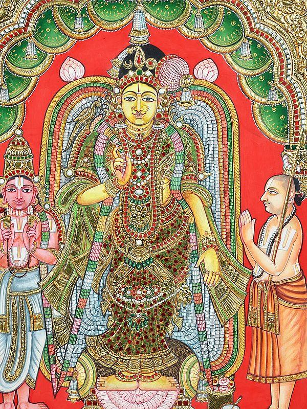 Exotic India Goddess Andal | 24 Karat Gold Work | Vintage Look Framed Tanjore Painting 