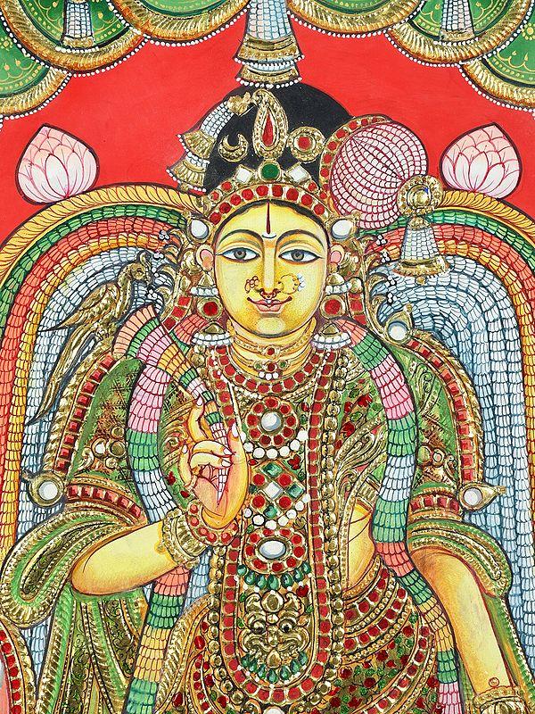 Exotic India Goddess Andal | 24 Karat Gold Work | Vintage Look Framed Tanjore Painting 