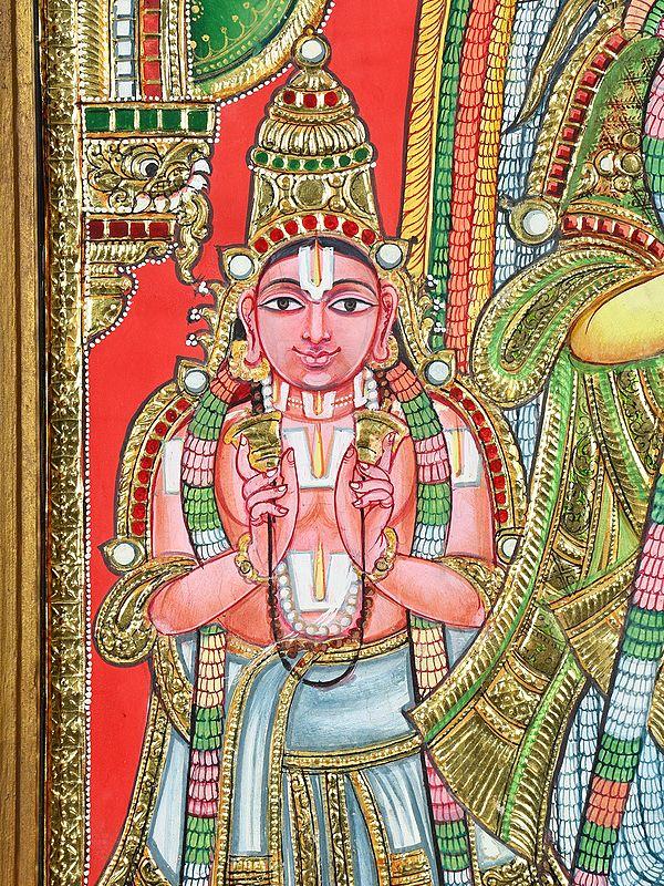 Exotic India Goddess Andal | 24 Karat Gold Work | Vintage Look Framed Tanjore Painting 