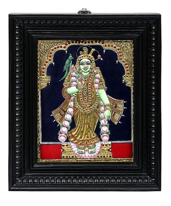 exotic india Goddess Andal Tanjore Painting | Traditional Colors with 24K Gold | Teakwood Frame 