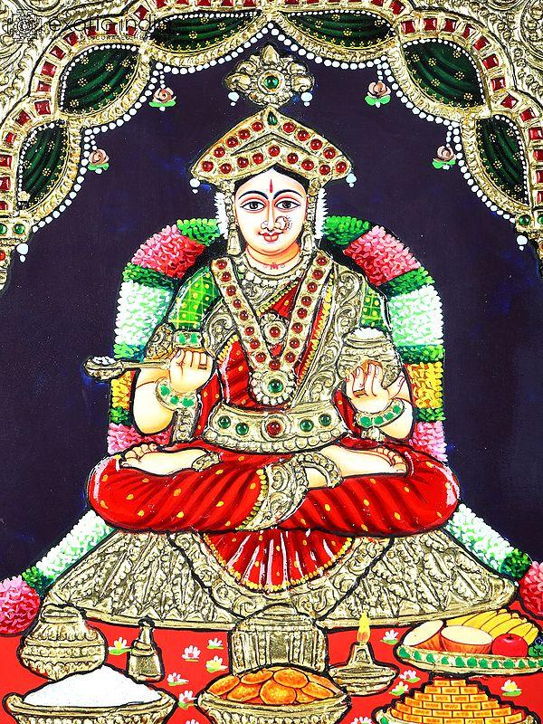 Exotic India Goddess Annapurna | 24 Karat Gold Work | Framed Tanjore Painting