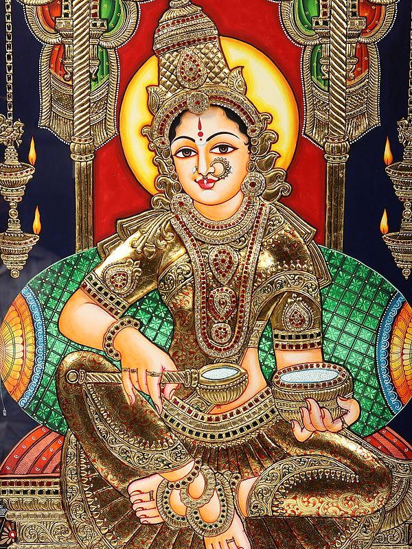 Exotic India Goddess Annapurna Embossed Tanjore Painting With Frame