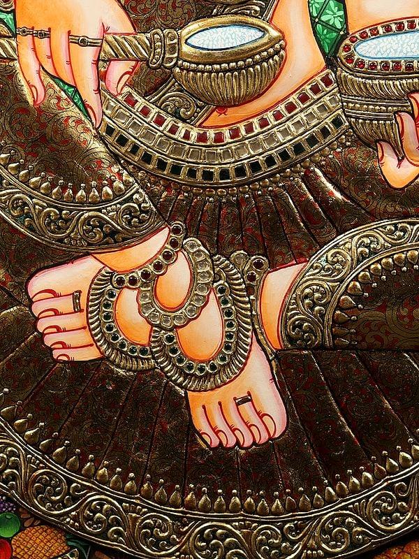 Exotic India Goddess Annapurna Embossed Tanjore Painting With Frame