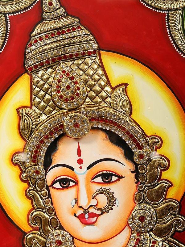 Exotic India Goddess Annapurna Embossed Tanjore Painting With Frame