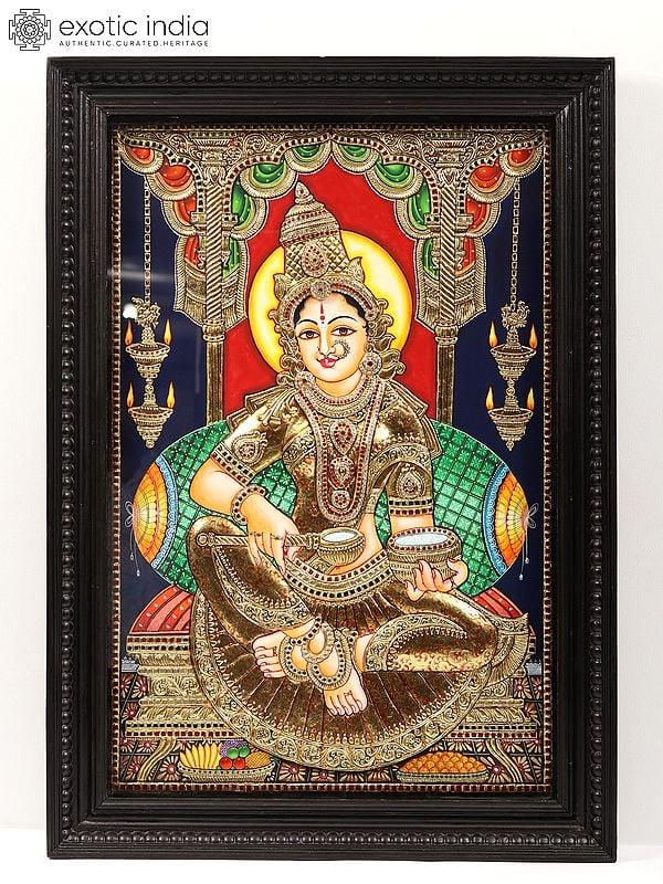 exotic india Goddess Annapurna Embossed Tanjore Painting with Frame