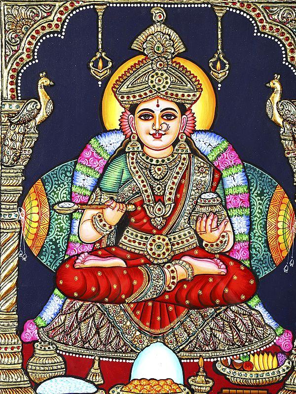 Exotic India Goddess Annapurna - Goddess Of Food And Nourishment | 24 Karat Gold Work | Framed Tanjore Painting