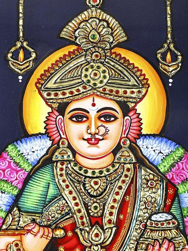 Exotic India Goddess Annapurna - Goddess Of Food And Nourishment | 24 Karat Gold Work | Framed Tanjore Painting