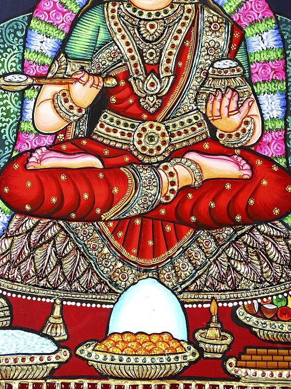 Exotic India Goddess Annapurna - Goddess Of Food And Nourishment | 24 Karat Gold Work | Framed Tanjore Painting