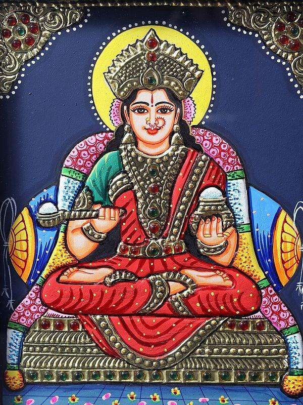 Exotic India Goddess Annapurna Tanjore Painting With Teakwood Frame