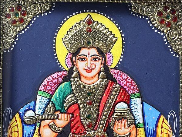 Exotic India Goddess Annapurna Tanjore Painting With Teakwood Frame