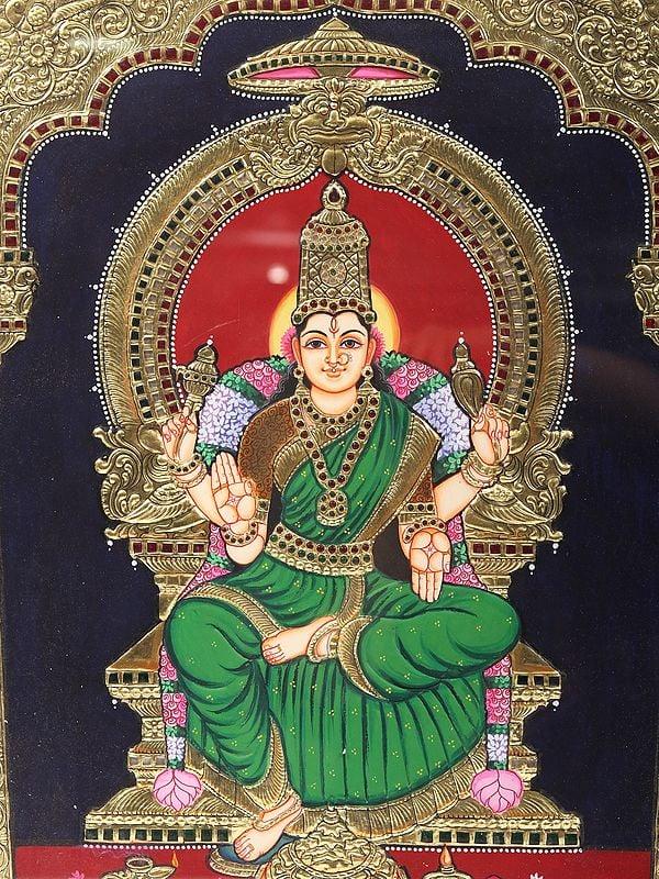 Exotic India Goddess Bhuvneshwari Tanjore Painting | Traditional Colors With 24K Gold | Teakwood Frame