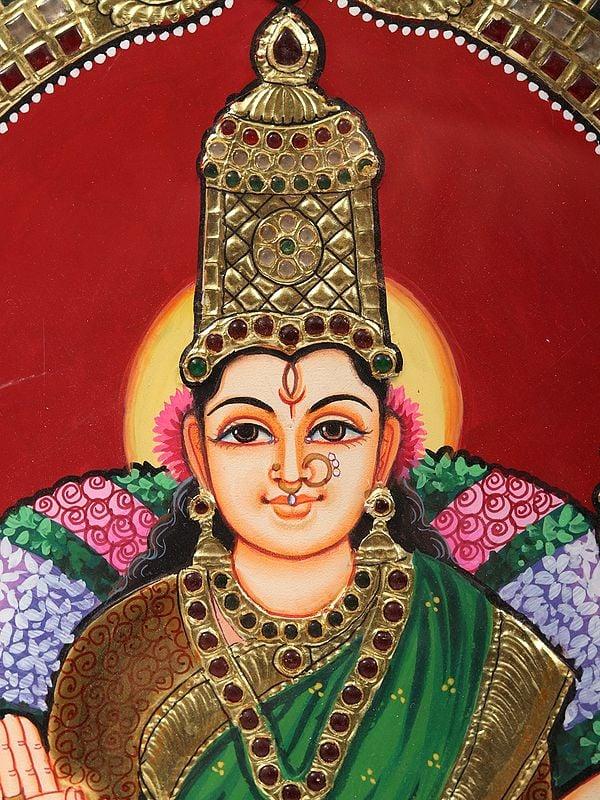 Exotic India Goddess Bhuvneshwari Tanjore Painting | Traditional Colors With 24K Gold | Teakwood Frame