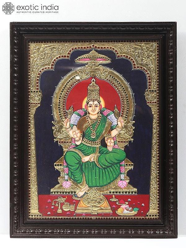 exotic india Goddess Bhuvneshwari Tanjore Painting | Traditional Colors With 24K Gold | Teakwood Frame
