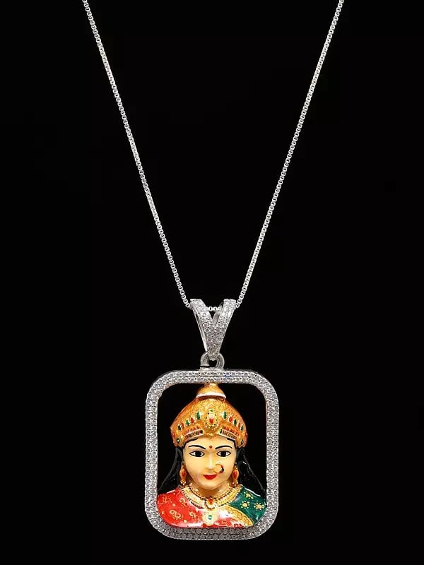 Exotic India Goddess Chehar Enamel Sterling Silver Pendant (Rare Goddess Of India) 