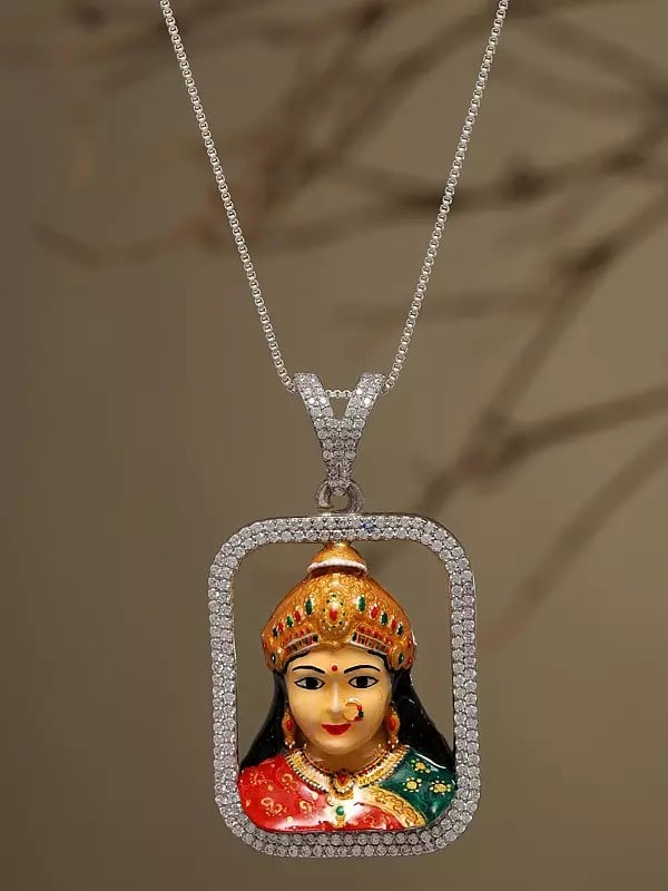 Exotic India Goddess Chehar Enamel Sterling Silver Pendant (Rare Goddess Of India) 
