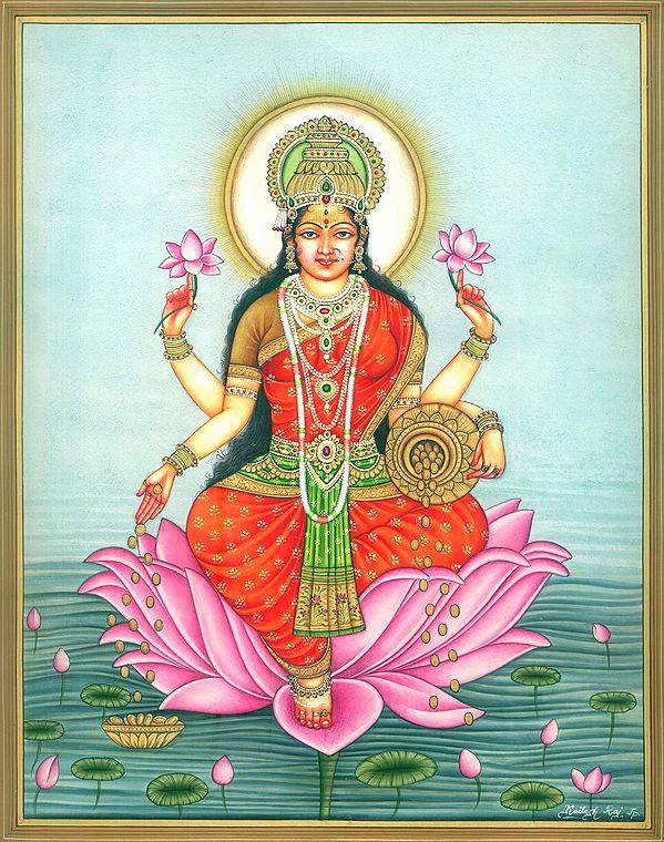 exotic india Goddess Dhana Lakshmi Seated on Lotus in Pond