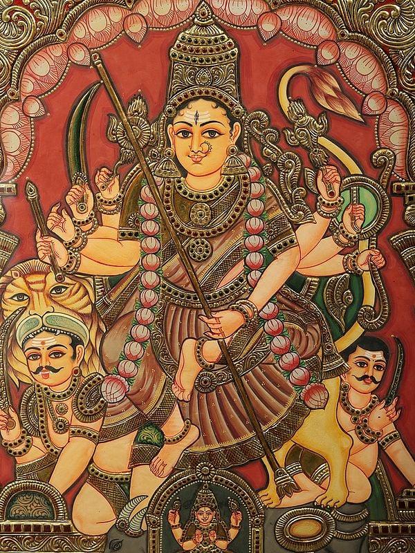 Exotic India Goddess Durga Tanjore Painting | With Frame 