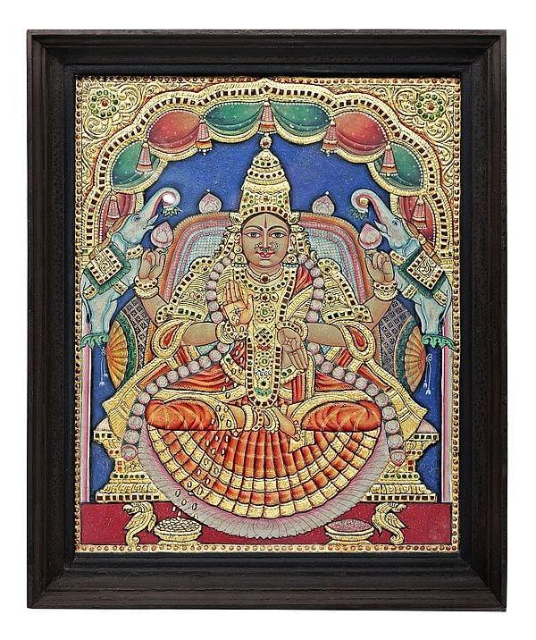 exotic india Goddess Gaja Lakshmi Tanjore Painting | Traditional Colors With 24K Gold | Teakwood Frame | Gold & Wood | Handmade | Made In India 