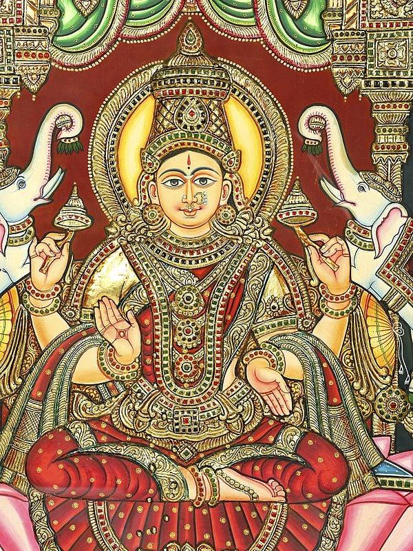 Exotic India Goddess Gajalakshmi | 24 Karat Gold Work | Framed Tanjore Painting 