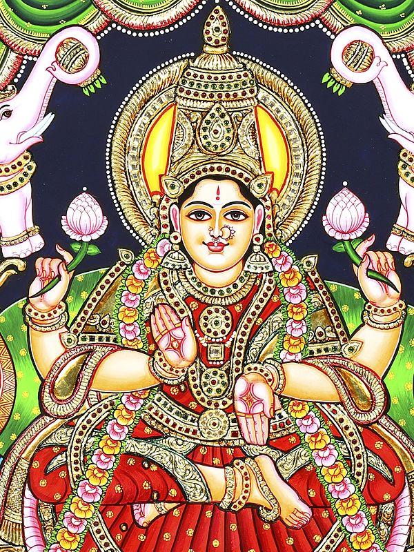 Exotic India Goddess Gajalakshmi | 24 Karat Gold Work | Framed Tanjore Painting