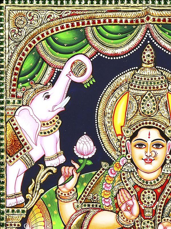 Exotic India Goddess Gajalakshmi | 24 Karat Gold Work | Framed Tanjore Painting